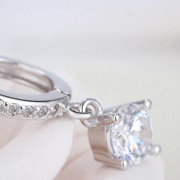 NEW Solitaire Diamond Drop Silver Hoop Earrings - Picture 8 of 9